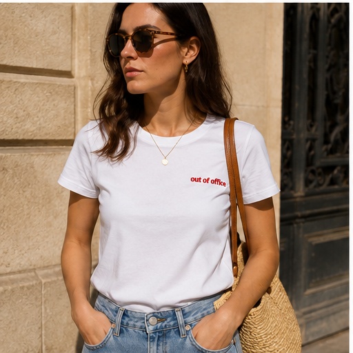 T-shirt coton brodé « Out of Office » femme en 100% coton biologique